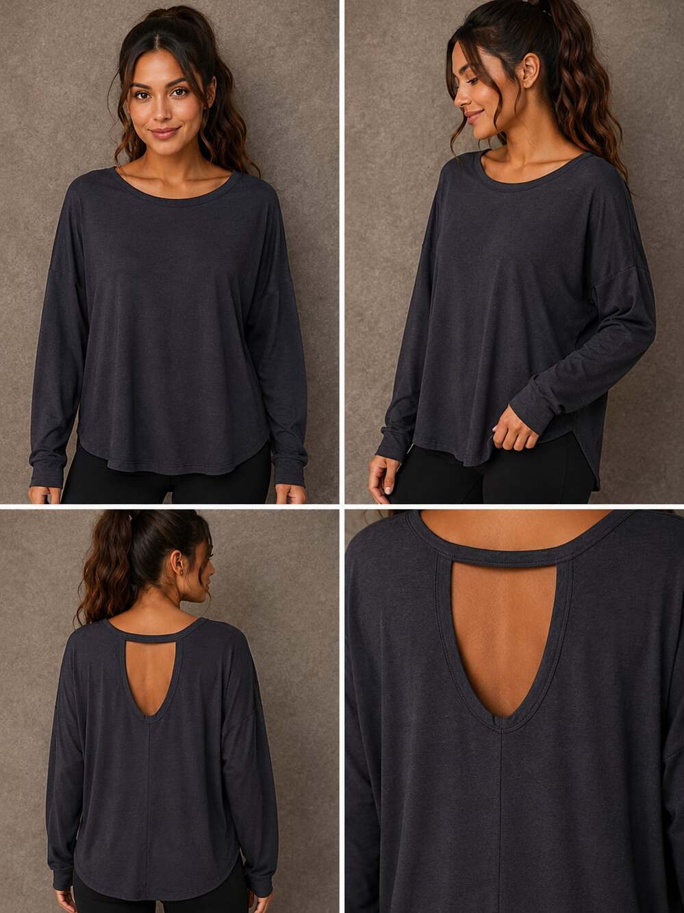 All in Motion Women's Long Sleeve Open Back Oversized Workout Top Dark Gray
